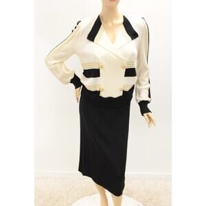 Vintage 2 piece Sweater Knit Skirt Suit Set M Cream Black Gold Old Money Office